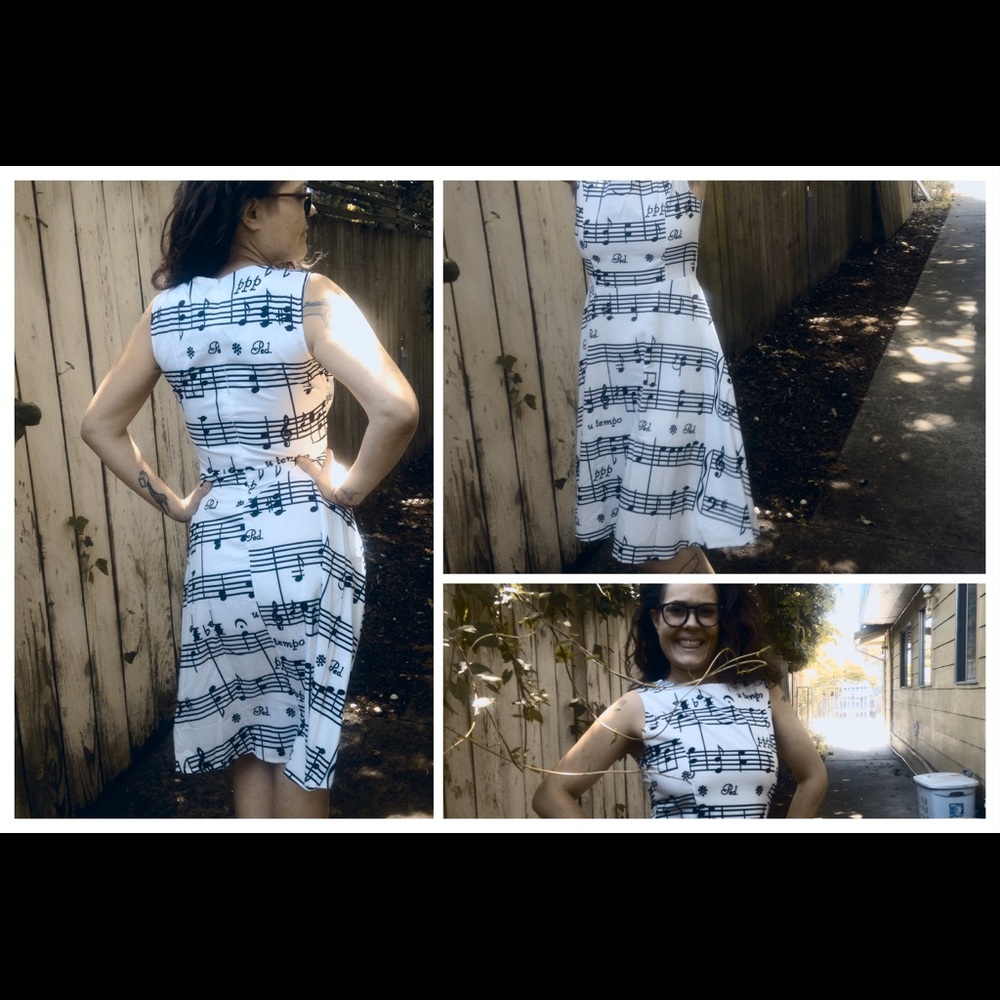 Retro Musical Print A-Line Party Flare Swing Sleeveless Black and White Dress - Picture 3 of 8